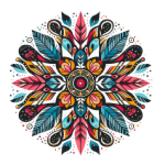 mandala em estilo boho, com penas e circulos em tons de rosa, amarelo e azul