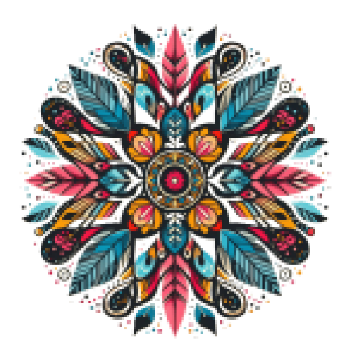 mandala em estilo boho, com penas e circulos em tons de rosa, amarelo e azul