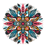 mandala em estilo boho, com penas e circulos em tons de rosa, amarelo e azul